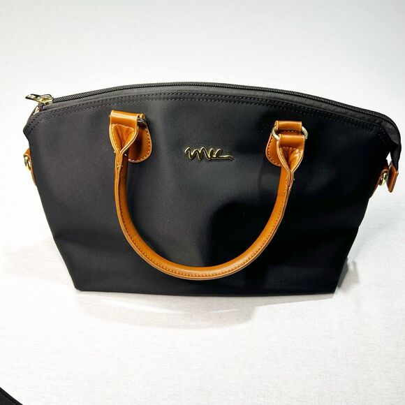 black NNEE Water Resistance Nylon Top Handle Satchel Handbag, faux leather trim - Picture 1 of 5